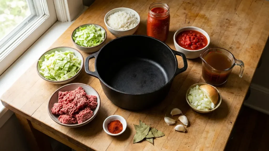 Ingredients for unstuffed cabbage roll soup with cabbage, beef, rice, and tomatoes